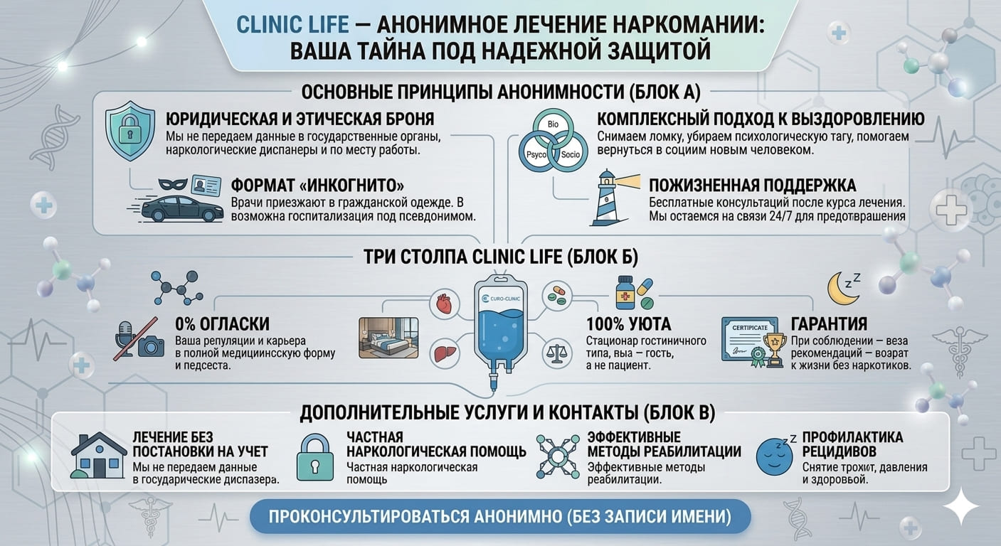 Инфографика анонимного лечения наркомании в клинике Clinic Life: принципы конфиденциальности, этапы реабилитации, дополнительные услуги